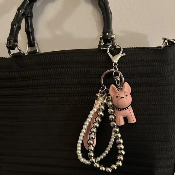 Pink Frenchy Dog Keychain with Pearl and Silver Beads - Picture 3 of 7